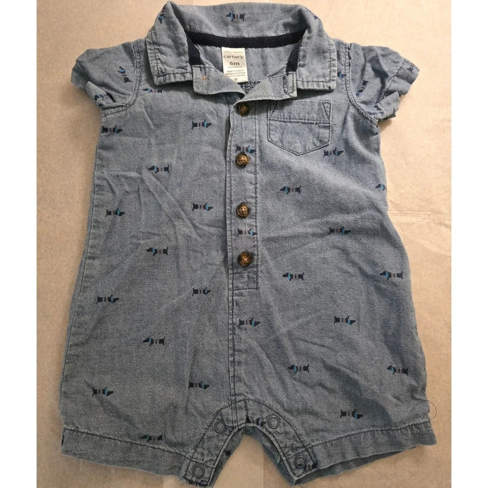 Carters Baby Boy 6M Blue Chambray Dachshund Dog Print Romper One Piece